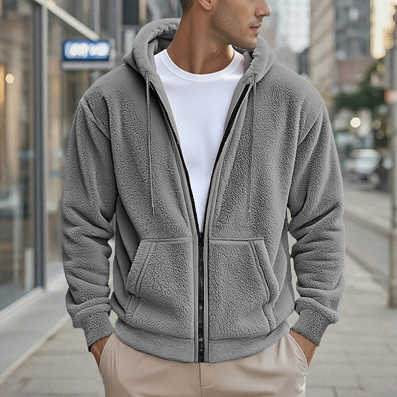 Men's Zip Sweatshirt Fleece Hoodie Sherpa Fleece Hoodie Black Navy Blue Khaki Gray Hooded Plain Zip Up Front Pocket Sports & Outdoor Casual Daily Polyester Streetwear Cool Sportswear Winter Clothing2