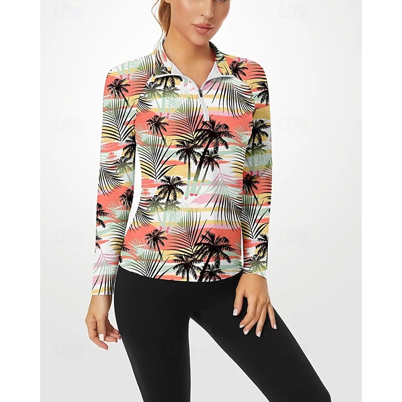 Women's Palm Tree Golf Polo Shirt Tennis Shirt Long Sleeve Print Quarter Zip Pullover UV Protection Elastic Breathable Tennis Golf Pickleball Zip Collar Shirt Polo Orange Tennis Clothing2