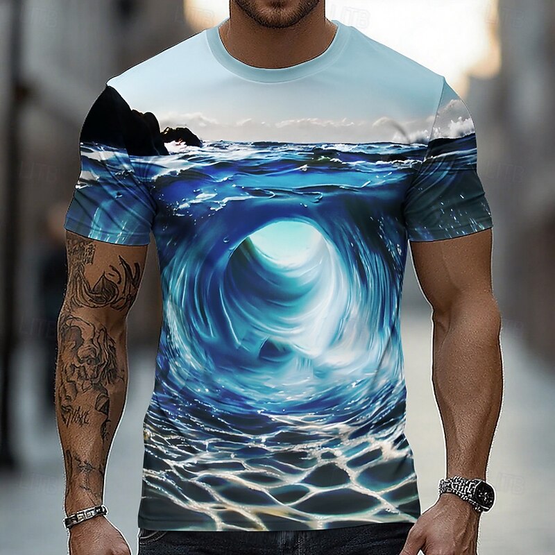 Men's Optical Illusion Ocean 3D T Shirt Short Sleeve T shirt 3D Print Crew Neck Shirt Exaggerated Designer Party Street Casual White Yellow Blue Summer Spring All Seasons Clothing Apparel S M L XL2