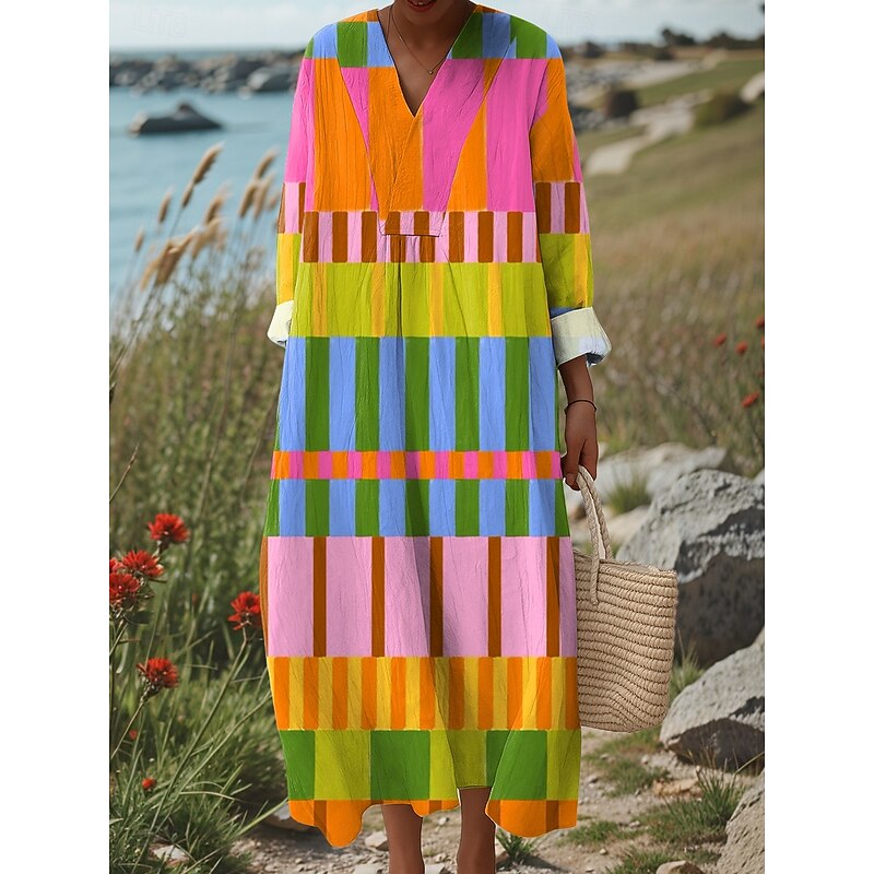 Women's Midi Dress V Neck Long Sleeve Kaftan Lightweight Loose Fit Shift Dress Casual Going out Loose Fit Graphic Geometric Long Sleeve V Neck Pink Blue Green Fall4