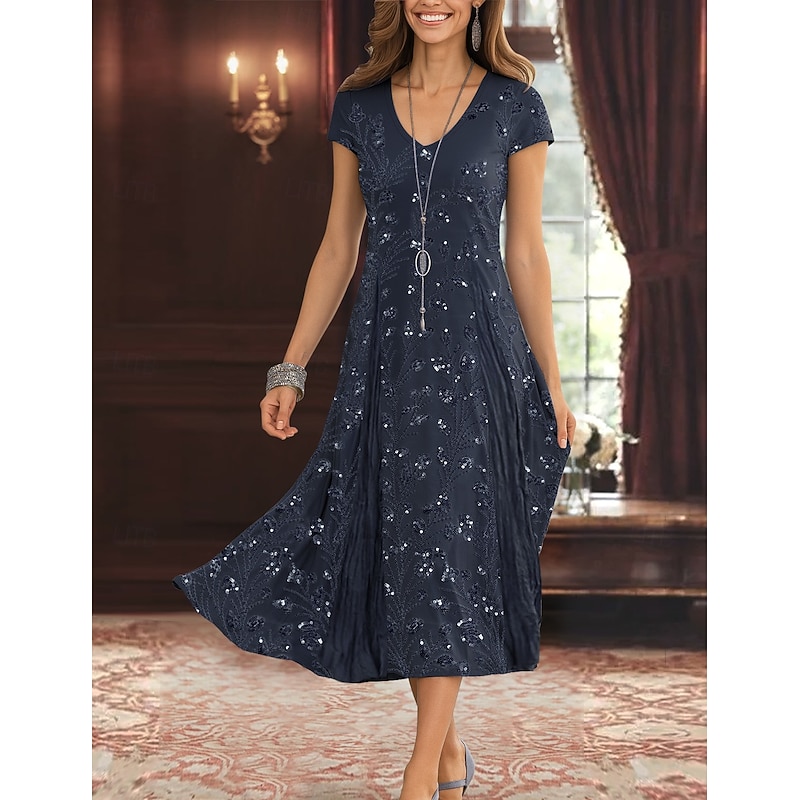 Two Piece A-Line Mother of the Bride Dress Elegant Simple Luxurious V Neck Tea Length Midi Length Beaded Lace Chiffon with Stretch Crepe Jacket3