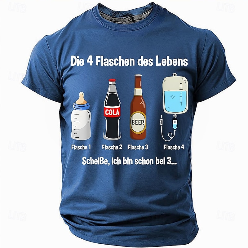 Men's Funny Short Sleeve Graphic Tee: The 4 Bottles of Life Beer Humor Lifestyle