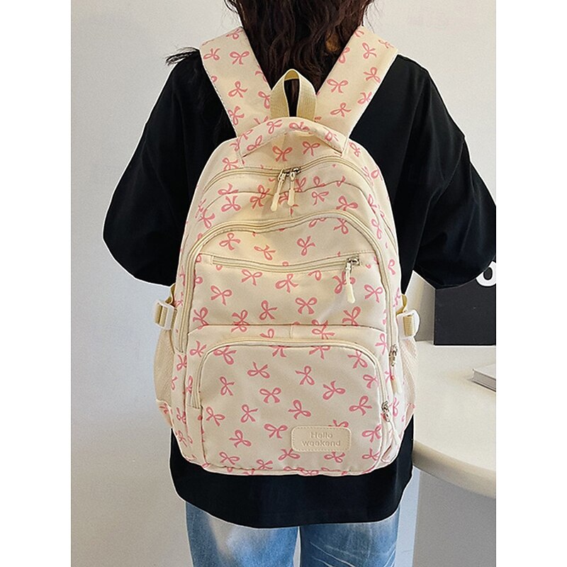 Teen Girls 3-Piece School Backpack Set – Lightweight Canvas Bookbag with Cute Pink Bow Print, Large Capacity Shoulder Bag and Pencil Pouch, Perfect for School, Travel and Daily Use4