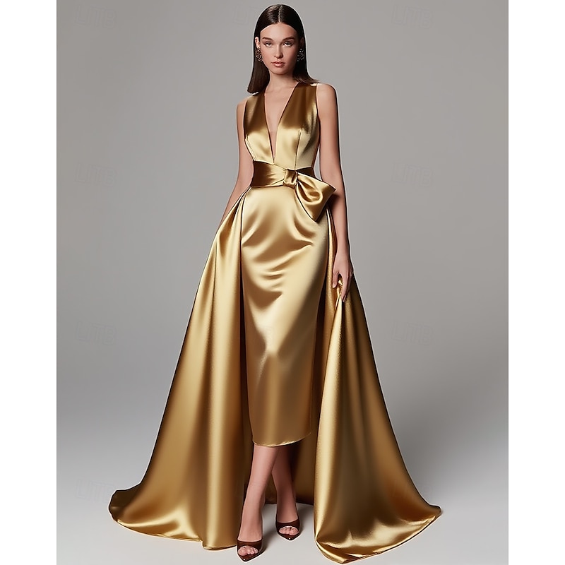 Gold A-Line Evening Gown Elegant Dress Formal Wedding Floor Length Sleeveless V NeckMother Of the Bride Dress Stretch Satin with Bow(s) Pleats - Main Image