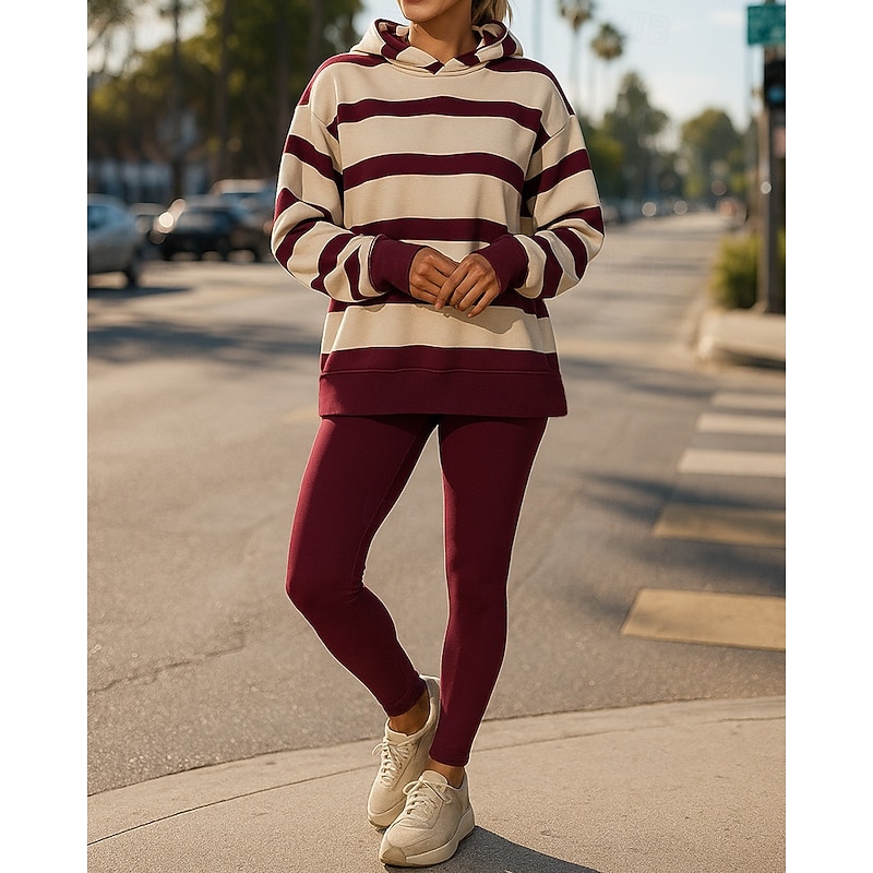 Women's Tracksuit Sweatpants Track Pants Hooded Striped Clothing Suit Fall & Winter Pink Apricot Gym Training Running Windproof Long Sleeve Sport Activewear Micro-elastic Loose Fit