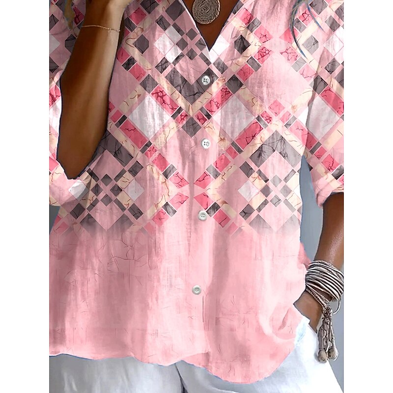 Women's Shirt Button Down Tunic Shirt Collar Long Sleeve Ombre Graphic Plaid Vintage Tropical Daily Regular Tops Work Daily Holiday s Print Pink Spring Fall3