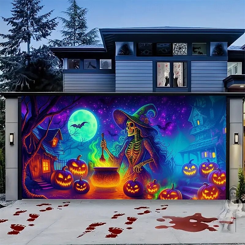 Halloween Garage Door Cover Neon Dancing Skeletons with Pumpkins Banner, Glowing Blacklight Backdrop Decoration for Holiday Outdoor Garage Door and Home Wall, 2025 Halloween Decorations4