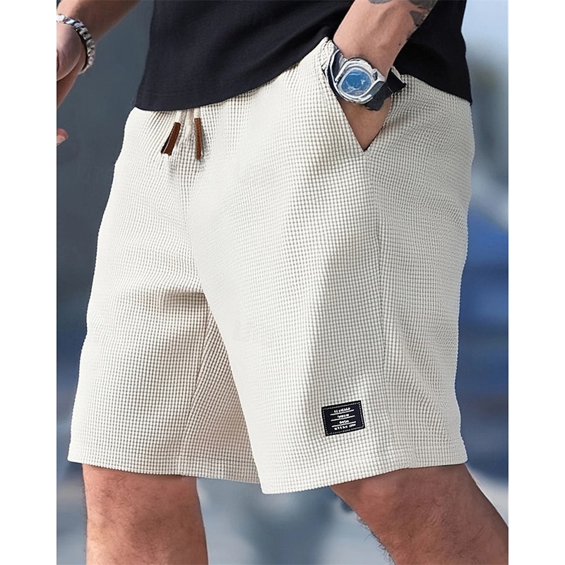 Men's Waffle Shorts Shorts Summer Shorts Casual Shorts Pocket Elastic Waist Drawstring Plain Comfort Breathable Knee Length Outdoor Vacation Sport Casual Black White Micro-elastic3