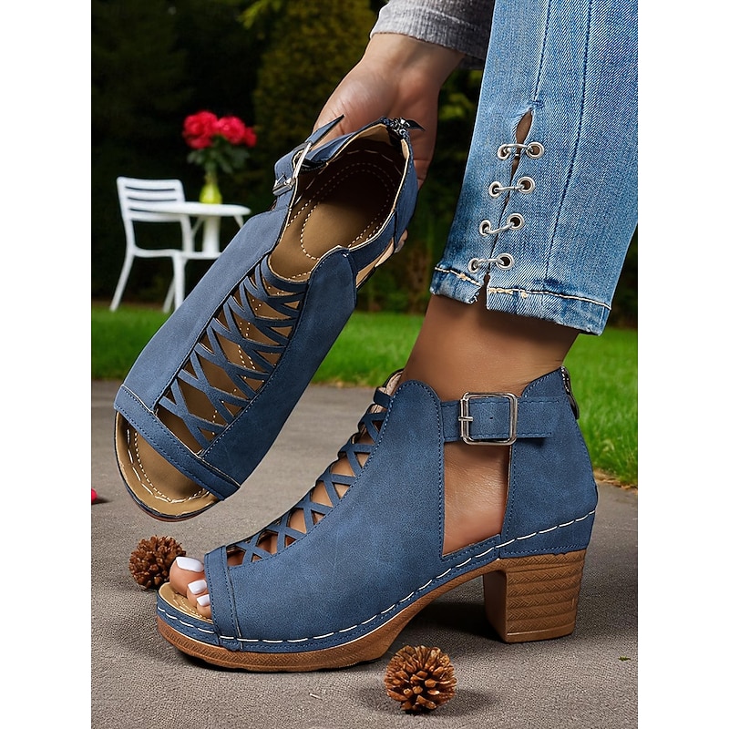 Women's Peep Toe Cut-Out Block Heel Booties with Back Zip – Stylish Summer Chunky Heels for Dates, Garden Parties and Outdoor Events2