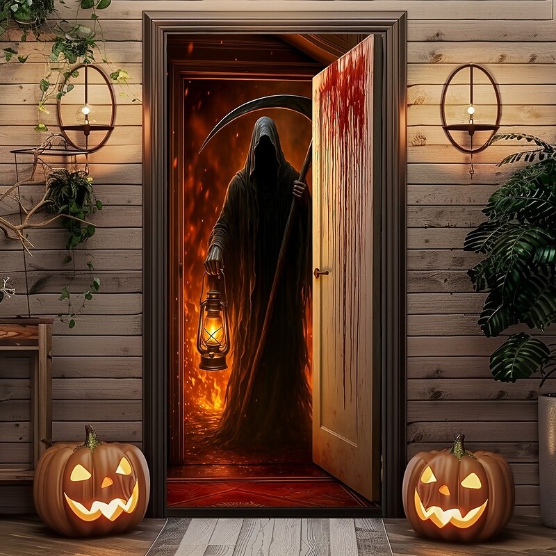 Halloween Door Cover – Grim Reaper with Lantern at Night, Haunted House Entrance Banner, Scary Outdoor 2025 Halloween Decoration for Bedroom, Living Room, Bathroom3