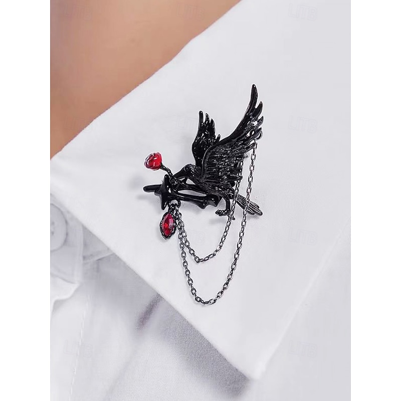 Women's Gothic Raven Brooch with Red Gem and Chain – Halloween Vintage Bird Pin for Costume Party, Cosplay and Evening Wear