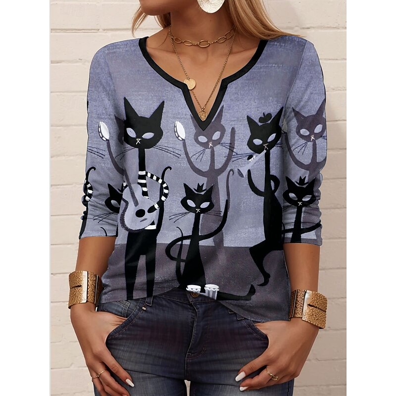 Halloween Women's T shirt Black Cat Long Sleeve Graphic Animal Geometric Vintage Stylish Classic Long Sleeve V Neck Notched Neck Regular Tops Daily Print Pink Blue Green Spring Fall Prefall2