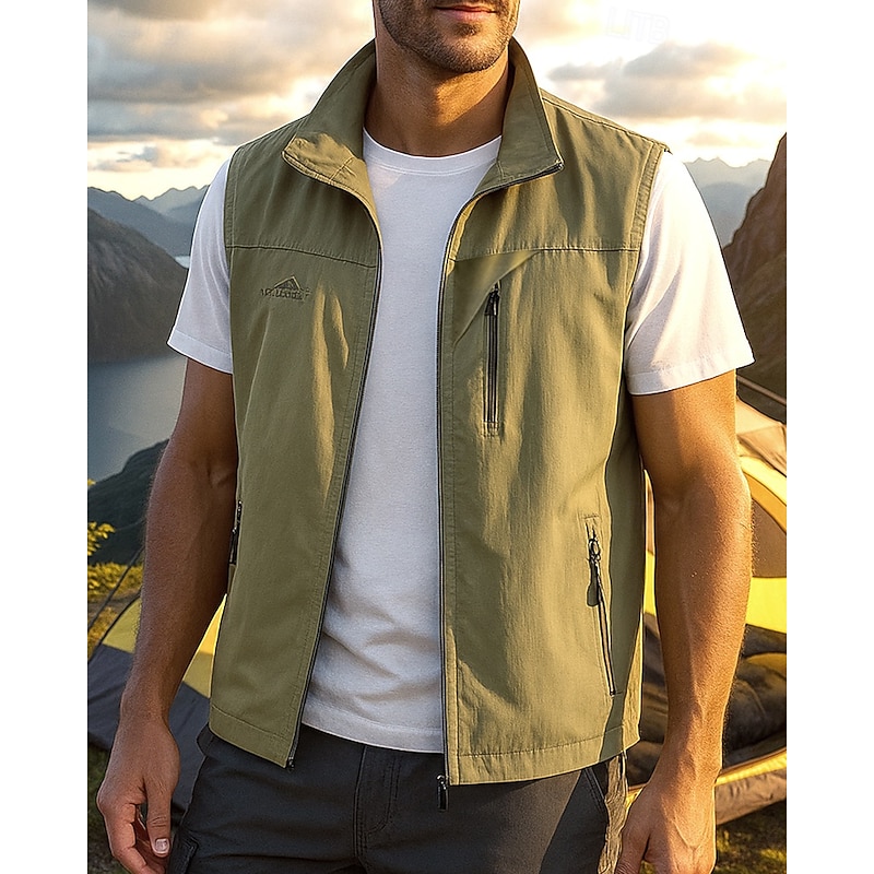 Men's Fishing Vest Hiking Vest Sleeveless Vest Outdoor Waterproof Windproof Zipper Pocket Nylon Black Army Green Red Hunting Fishing Climbing