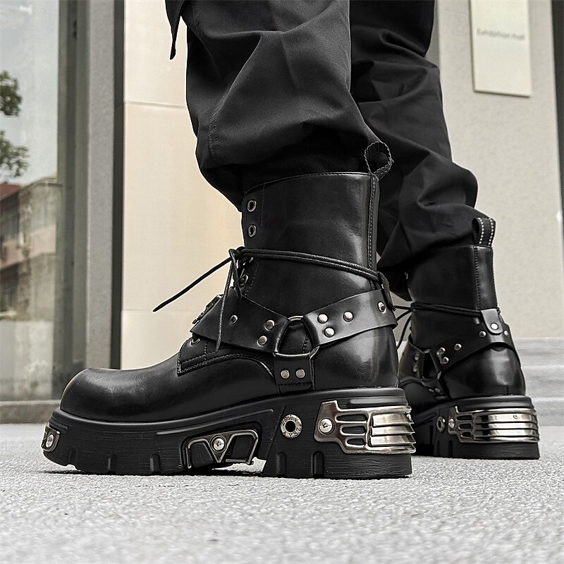 Men's Black Gothic Rivet Lace-Up Boots – Punk Rock Platform Ankle Boots for Halloween, Concerts & Streetwear2