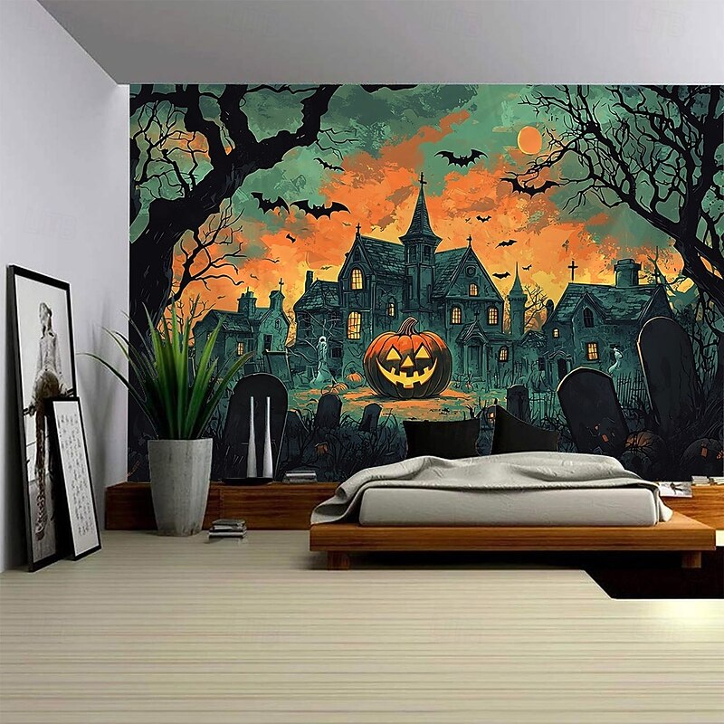 Halloween Wall Tapestry, Ghost Pumpkin Lantern Haunted House Pattern Wall Hanging, Large Mural Backdrop for Bedroom, Living Room, Party, and Home Decoration3
