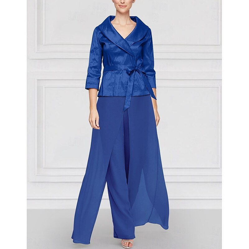 Two Piece Pantsuit Mother of the Bride Wedding Guest Elegant Simple Tailored Lapel Floor Length Chiffon Stretch Satin Long Sleeve with Sash / Ribbon Solid Color
