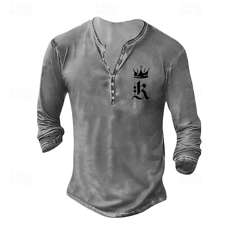 Men's Henley Shirt Tee Tee Top Long Sleeve Shirt Long Sleeve Henley Summer Fall Pattern Crown Fashion Designer Fashion Vintage Vacation Street Going out Dark Grey Black White Top Tee for Men3