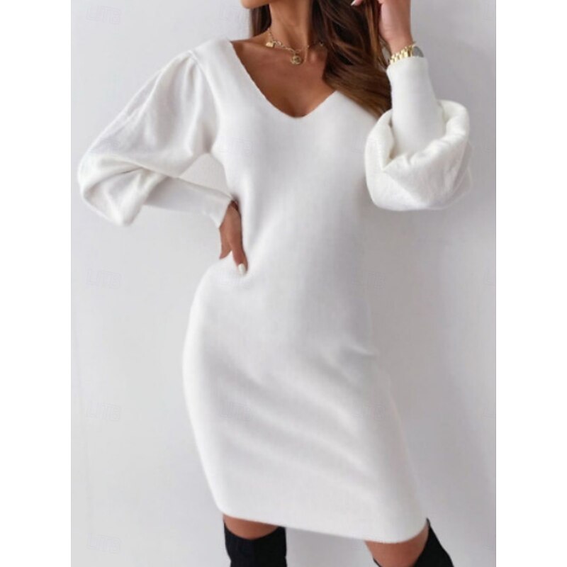 Women's Mini Dress Sheath Dress Casual Daily Regular Fit Plain Long Sleeve V Neck Black White Spring Fall Winter2