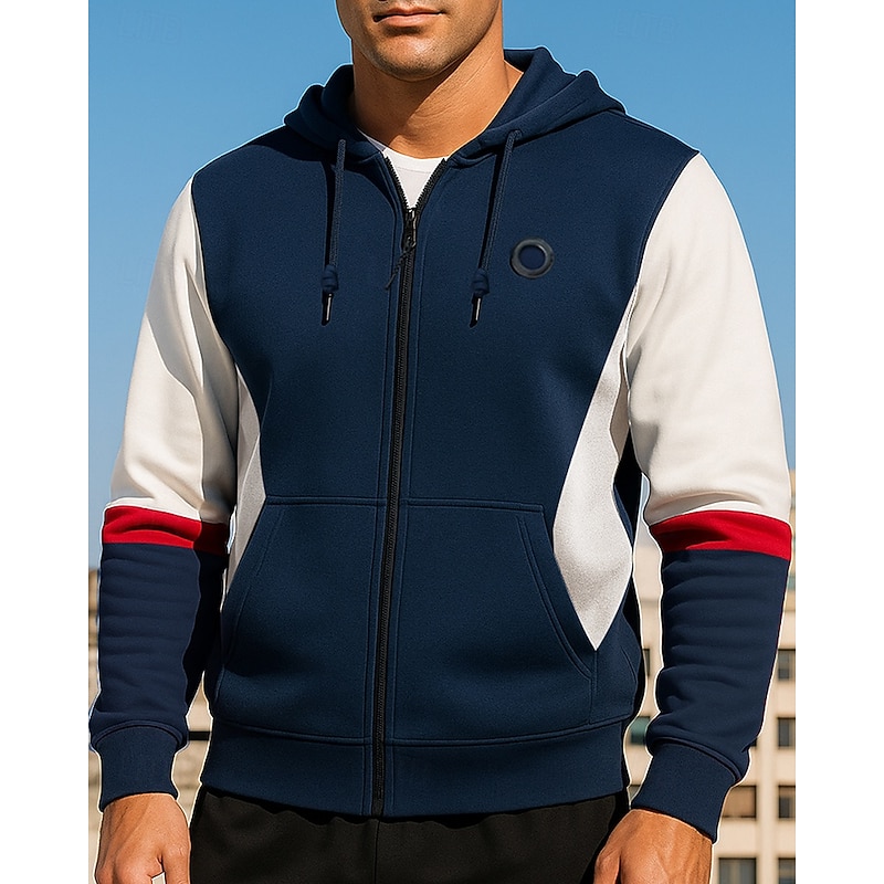 Men's Sports Hoodie Sweatshirt Fleece Cardigan Jacket Pocket Long Sleeve Top Athleisure Fall Patchwork Windproof Warm Hiking Workout Athletic Sportswear Activewear Army Green Dark Blue Gray