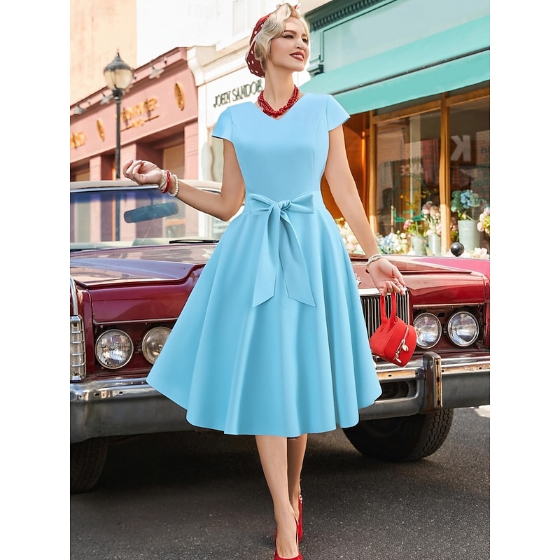 Retro Vintage 1950s Rockabilly Knee Length Dress Cocktail Dress Swing Dress Cap Sleeve Solid Color A-Line Fit & Flare Fancy Dress Women's Christmas Valentine's Day Party Homecoming Retro Theme Party4