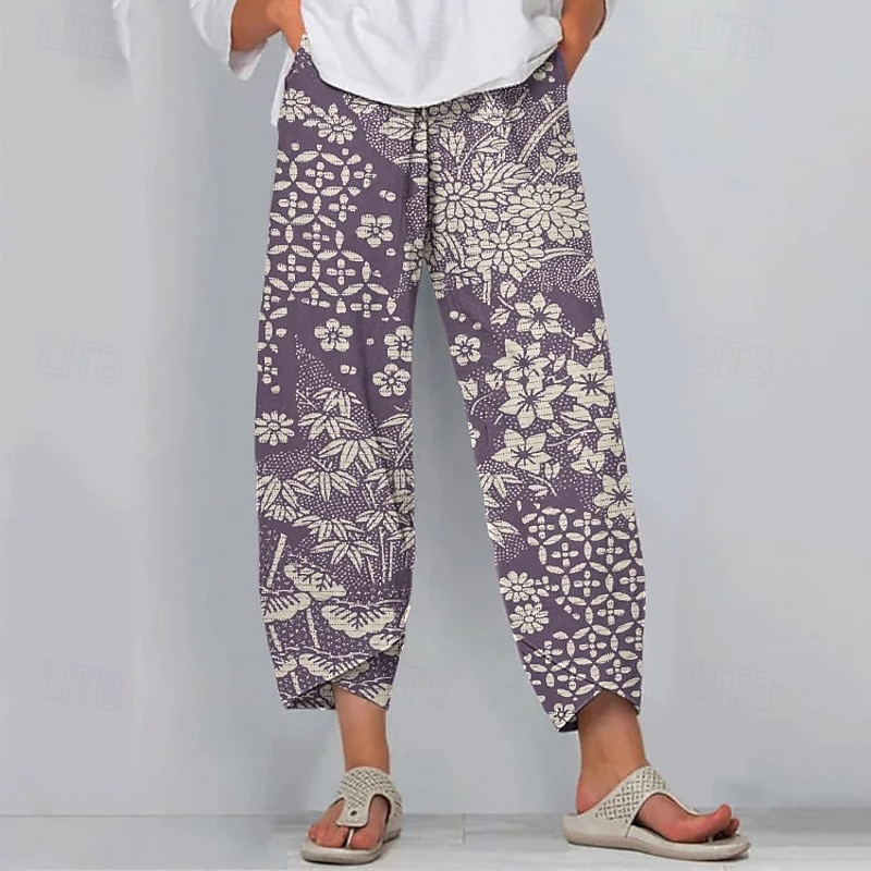 Women's Slacks Active Vacation Vintage Full Length High Waist Floral Graphic Elastic Waistband Comfy Breathability Soft Micro-elastic Outdoor Street Daily Red Navy Blue Purple Green Summer Spring3