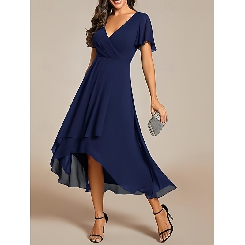 A-Line Wedding Guest Dresses Elegant Formal Dress Wedding Guest Engagement Asymmetrical Short Sleeve V Neck Chiffon with Ruched Ruffles 2025