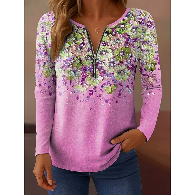 Women's T shirt Long Sleeve Quarter Zip Long Sleeve Casual Floral Graphic Gradient Elegant Vintage Stylish V Neck Regular Tops Daily Yellow Pink Blue Purple Green Spring Fall Prefall3
