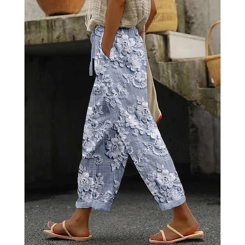 Women's Slacks Pants Trousers Fashion Streetwear Full Length Mid Waist Flower Print Breathability Comfortable Street Daily Wear Going out Apricot Black White Pink Summer Spring Regular Fit2