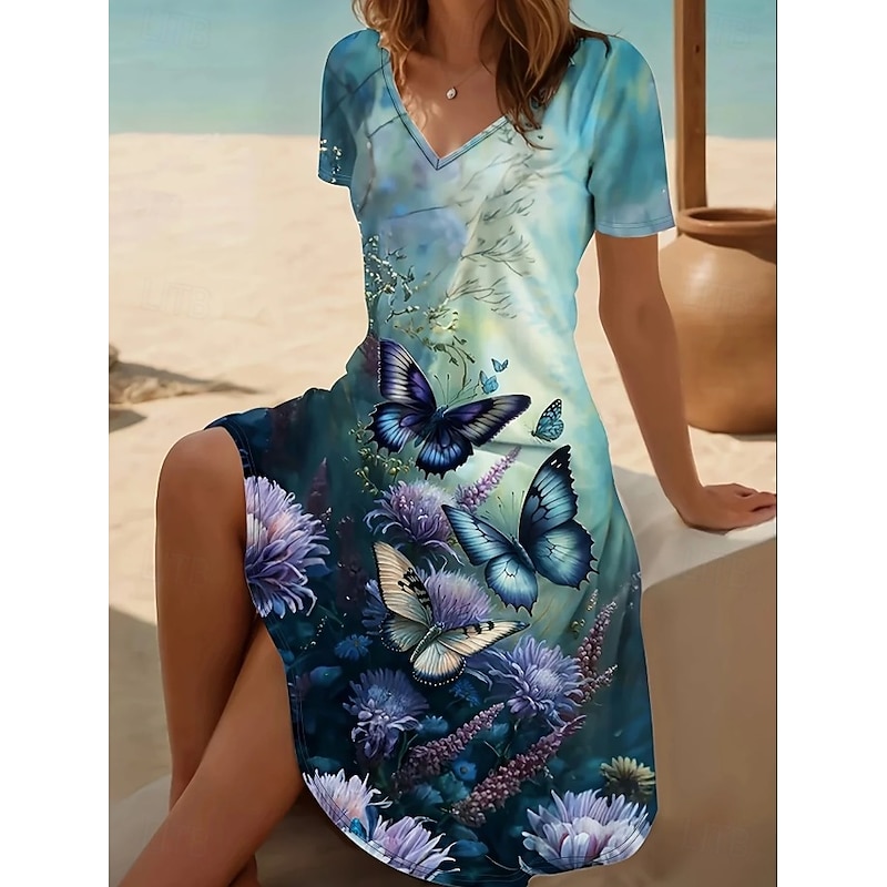 Women's Midi Dress T Shirt Dress Tee Dress A Line Dress Summer Dress Vacation Casual Daily Holiday Date Regular Fit Floral Graphic Animal Short Sleeve V Neck Pink Blue Purple Dark Blue Summer Spring