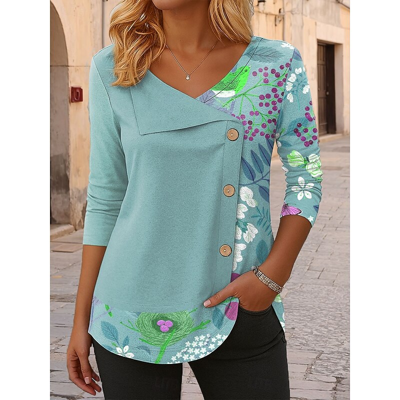 Women's Blouse Tunic V Neck Long Sleeve Buttons Floral Graphic Vintage Tropical Stylish Regular Tops Daily Patchwork Print Blue Purple Green Spring Fall Winter3