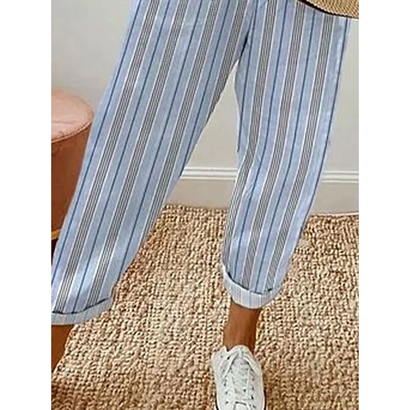 Women's Chinos Vacation Vintage Ethnic Style Ankle-Length High Waist Graphic Stripe Striped Pocket Soft Outdoor Breathable Inelastic Vacation Street Causal Light Blue Summer Spring Fall Loose Fit3