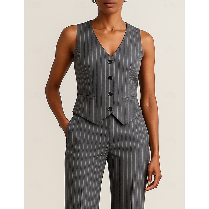 Women's Suit Vest Formal Party WorkWear Elegant Pinstripe Sleeveless V Neck Single Breasted