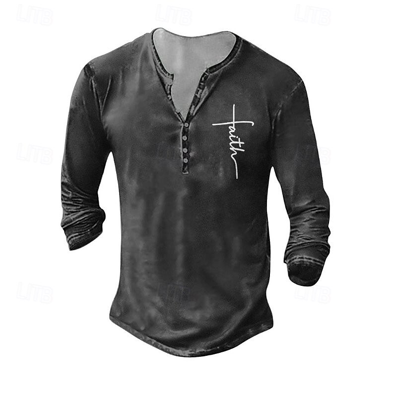 Men's Henley Shirt Tee Tee Top Long Sleeve Shirt Long Sleeve Henley Summer Fall Pattern Faith Fashion Designer Fashion Vintage Vacation Street Going out Dark Grey Black White Top Tee for Men3