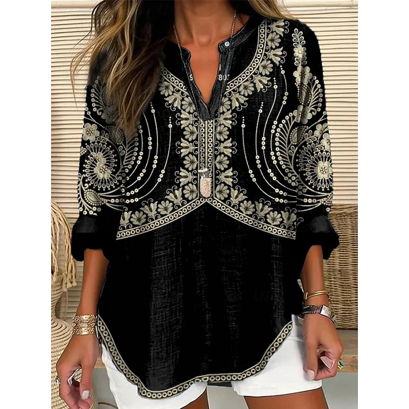 Women's Shirt Graphic Vintage Daily Casual Long Sleeve V Neck Regular Tops Daily Holiday Buttons Print Black Spring Fall