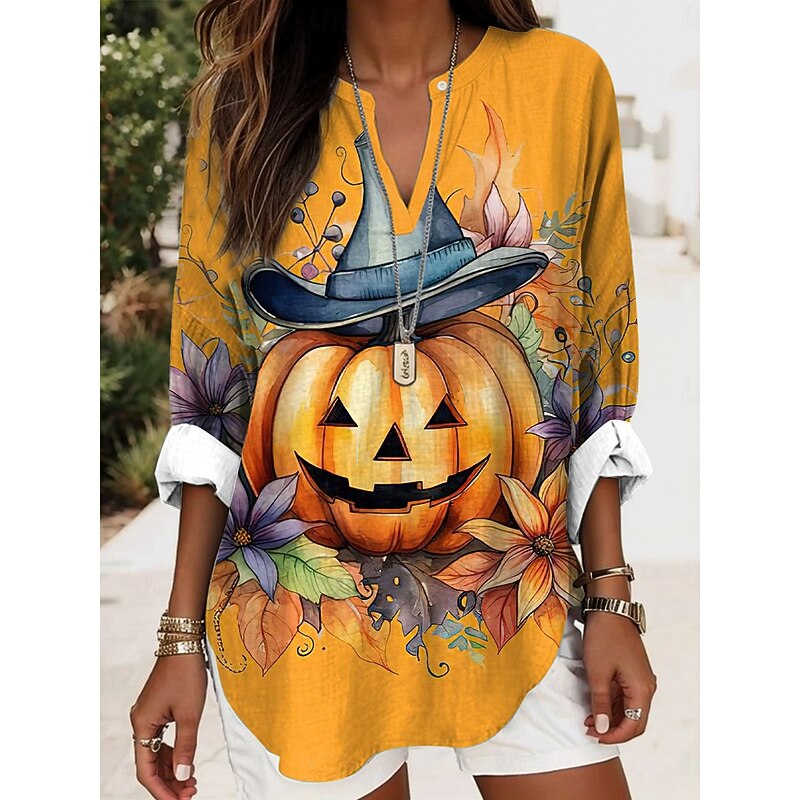 Halloween Women's Blouse Pumpkin Print Tunic V Neck Long Sleeve Boho Casual Tops Graphic Vintage Stylish Regular Tops Daily Print Black Blue Dusty Blue Purple Orange Fall