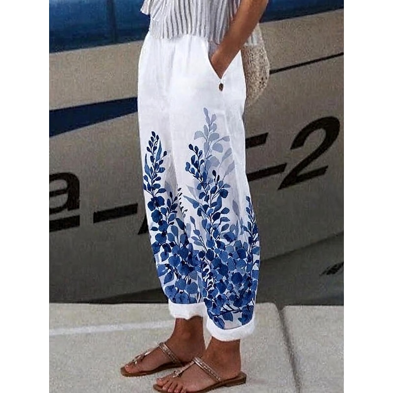 Women's Chinos Vacation Vintage Ethnic Style Ankle-Length High Waist Floral Graphic Leaf Pocket Soft Outdoor Breathable Inelastic Vacation Street Causal White-Blue Purple Green Khaki Summer Spring