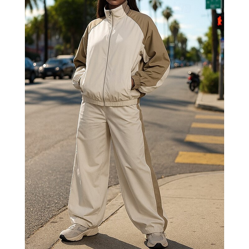 Women's Tracksuit Sweatpants Hooded Jacket Drawstring Hooded Color Block Clothing Suit Spring Black White Gym Training Running Windproof Long Sleeve Sport Activewear Micro-elastic Loose Fit