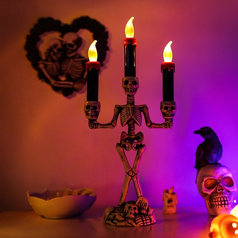 Halloween Skeleton Candlestick Lamp Ghost Festival Horror Decoration Props Pumpkin Lamp Skull Ornaments LED Electronic Candle Lamp AAA Battery Powered
