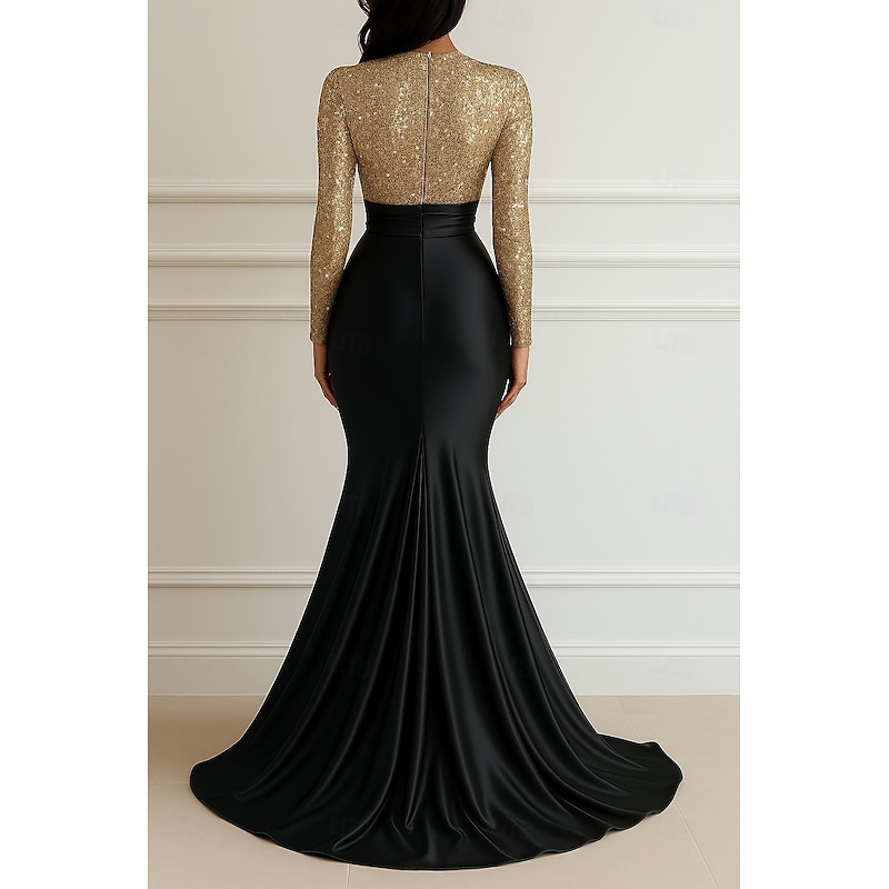Sequin Mermaid Evening Gown Elegant Dress Formal Wedding Floor Length Long Sleeve Crew NeckMother Of the Bride Dress Stretch Satin with Glitter Pleats2
