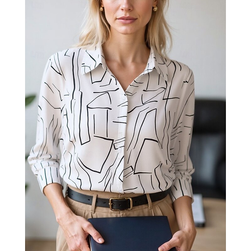 Women's Blouse Dressy Tops Chiffon Tops Color Block Abstract Elegant Daily Stylish Long Sleeve Shirt Collar Regular Tops Work Daily Buttons Print Black And White Black White Beige Spring, Fall - Main Image