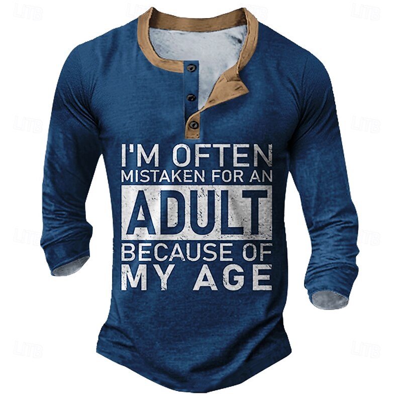 Men's Funny Henley 3/4 Sleeve Graphic T-Shirt with 'Mistaken for Adult' Quote