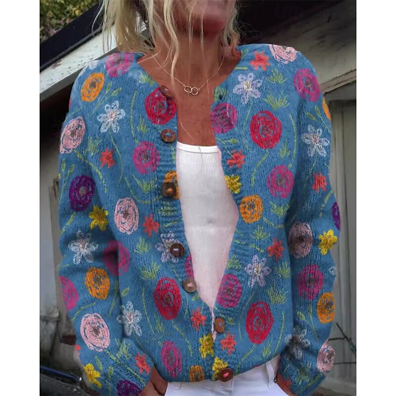 Women's Sweater Cardigan Fashion Streetwear Daily Floral Ribbed Open Front Knitted Print Long Sleeve Crop Tops Knit Holiday Going out Weekend Yellow Blue Fall Winter2
