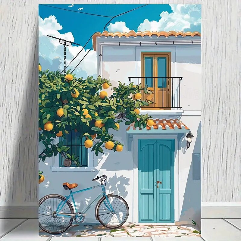 1 Vibrant Mediterranean Lemon Tree And White House Canvas Art Piece Suitable For Living Rooms Bedrooms And Home Offices  Inviting Street Views With Blue Bicycles And Glowing Windows Home Decor4
