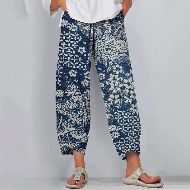 Women's Slacks Active Vacation Vintage Full Length High Waist Floral Graphic Elastic Waistband Comfy Breathability Soft Micro-elastic Outdoor Street Daily Red Navy Blue Purple Green Summer Spring
