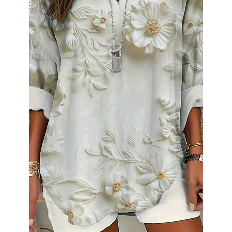 Women's Shirt Floral 3D Daily Casual Long Sleeve V Neck Regular Tops Daily Holiday Buttons Print Green Spring Fall3