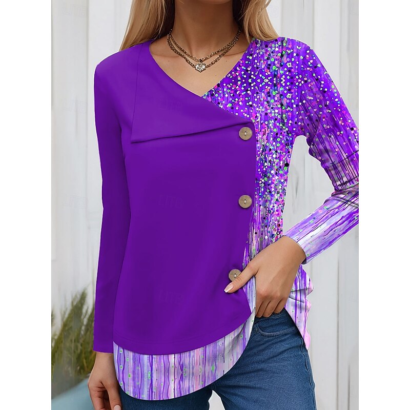 Women's Blouse Tunic V Neck Long Sleeve Buttons Ombre Graphic Geometric Fashion Casual Crew Neck Regular Tops Daily Patchwork Print Red Blue Purple Green Spring Fall Winter4