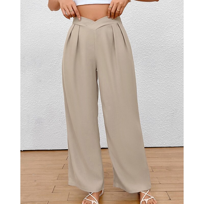 Women's Wide Leg Slacks Streetwear Casual Full Length Natural Plain Pocket Elastic Waist Comfortable Street Holiday Weekend Black Khaki Fall Regular Fit2