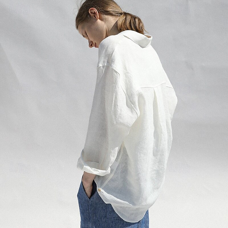 Women's 100% Linen Shirt Solid Color Elegant Vintage Daily Long Sleeve Shirt Collar Regular Tops Work Daily Holiday Big white Summer Spring Fall2
