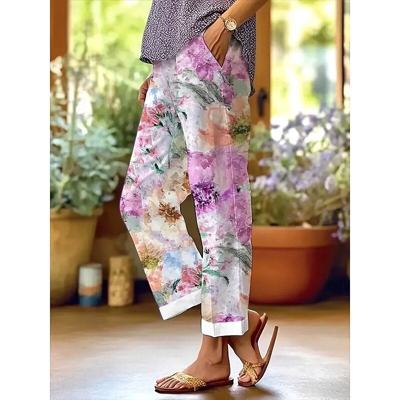 Women's Chinos Vacation Vintage Ethnic Style Full Length High Waist Floral Graphic Pocket Soft Outdoor Breathable Inelastic Outdoor Vacation Street Light Pink Light Purple Summer Spring Fall Regular4