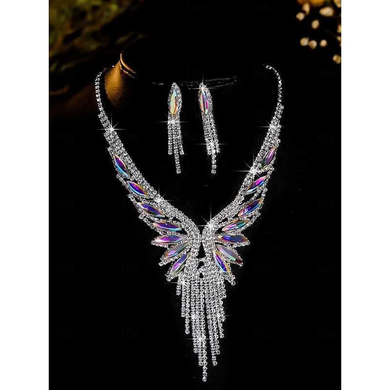 Women's Luxury Crystal Jewelry Set - Silver Plated Necklace and Dangle Earrings with Green Gemstone Accents, Elegant Statement Accessories for Cocktail and Evening Parties3